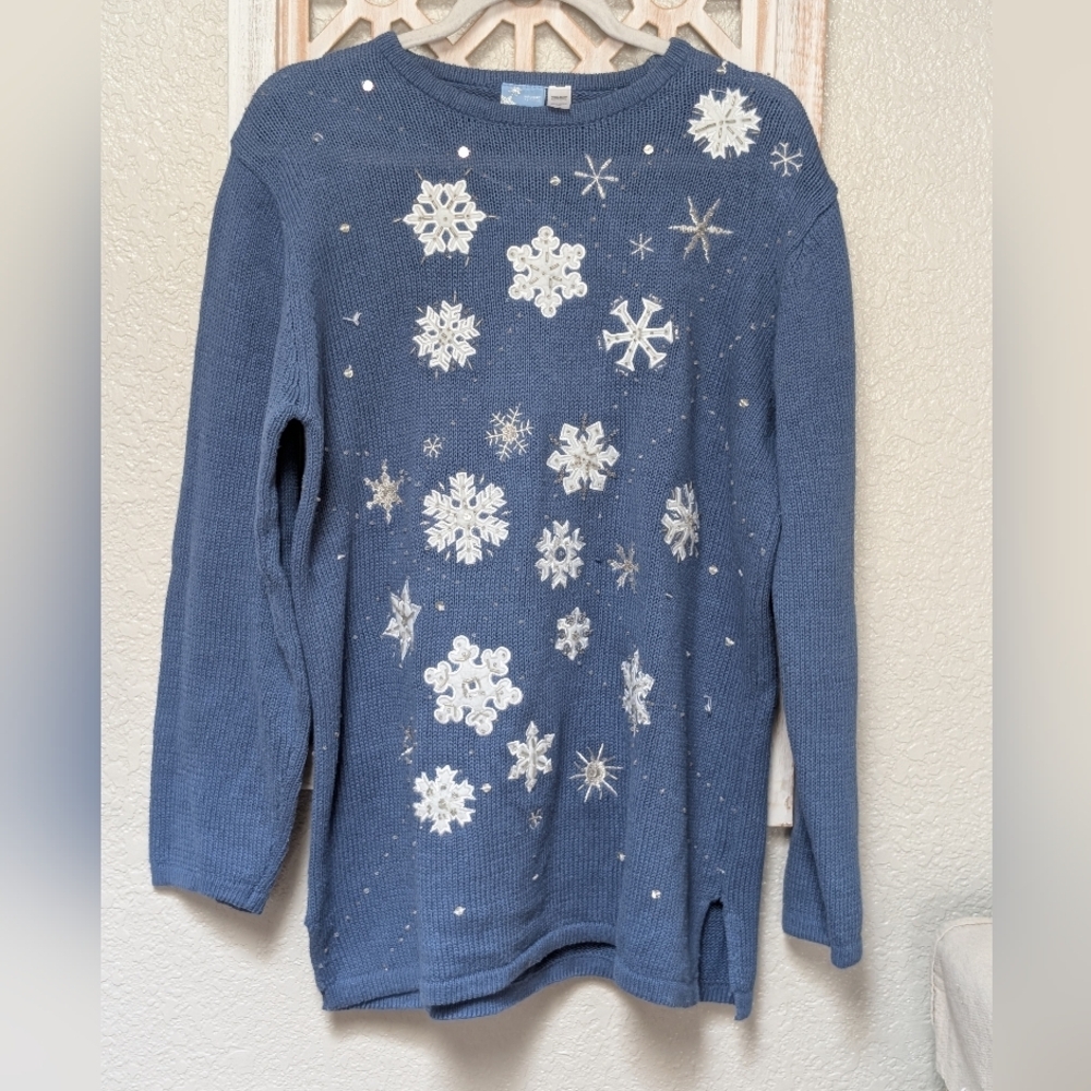 Holiday Editions Women's Large Sweater Blue Snowflakes Christmas Ugly Winter